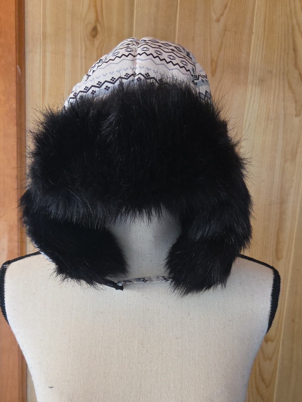 Joe Boxer Black Faux Fur Trapper Hat with Patterned Crown